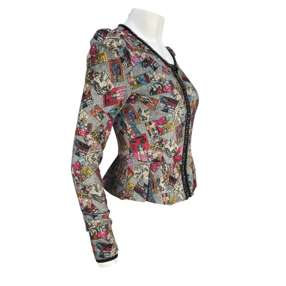 RARE/HTF Comic Print Y Apparel USA puff shoulder Zip Up Peplum Cardigan Sz Md - Picture 6 of 15